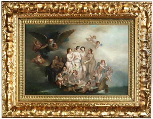 Venus Mit Den Drei Grazien Und Zahlreichen Putti In Einem Nachen, Von Kronos Begleitet Oil Painting - Julien Vriendt