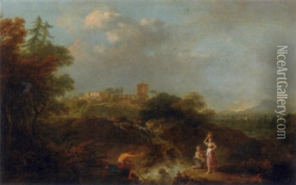 An Extensive Landscape, With Maidens Gathering Water At A Waterfall, An Italianate Town Beyond Oil Painting - Hendrick Frans van Lint
