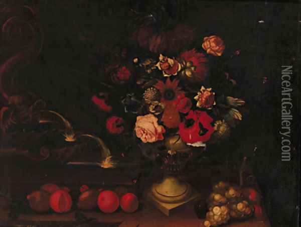 Still life of mixed flowers in an urn on a ledge with grapes and apples by a fountain Oil Painting - Dutch School