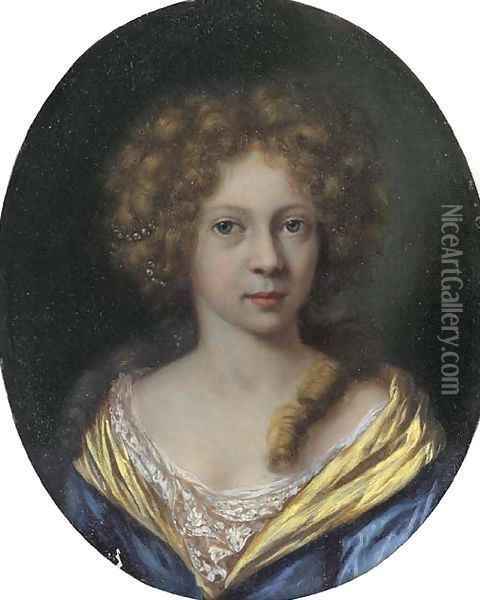 Portrait of a lady, small bust-length, in a blue dress with a yellow border Oil Painting - Arie de Vois