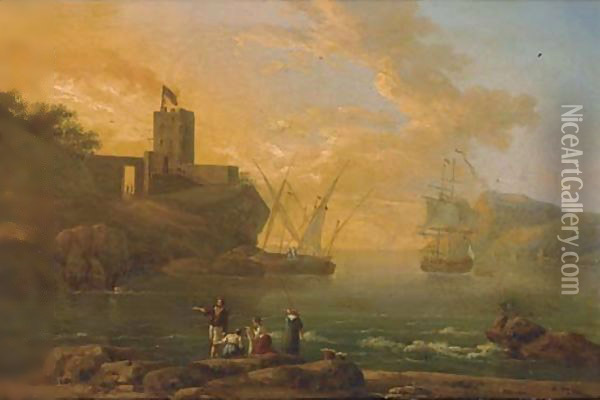 A Mediterranean coastal inlet with fisherman in the foreground Oil Painting - Vernet Claude Joseph