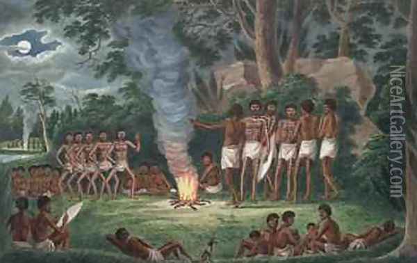 Corroboree around a camp fire from his Drawings of the natives and scenery of Van Diemens Land 1830 Oil Painting - Joseph Lycett
