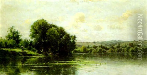 A Riverbank Oil Painting - Adrien Jacques Sauzay