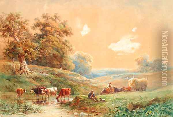 Figures with a horse and cart and cattle watering by a stream Oil Painting - Henry Earp