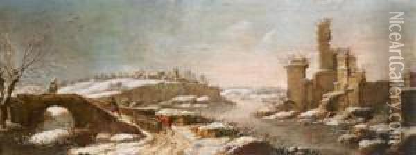 Winterlandschaft Mit Einem Verfallenen Kastell Und Holzfallern Oil Painting - Francesco Foschi