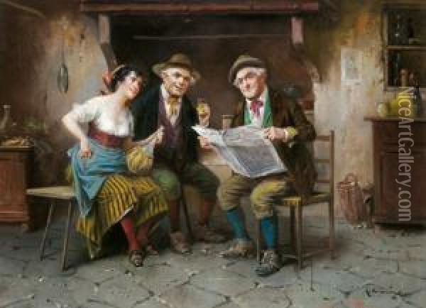 Neueste Nachrichten Oil Painting - Lajos Kolozsvary