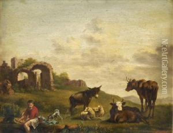 Droverresting On A River Bank, With Donkey, Cattle, Sheep And Dog, Ruinsbeyond Oil Painting - Edmund Bristow