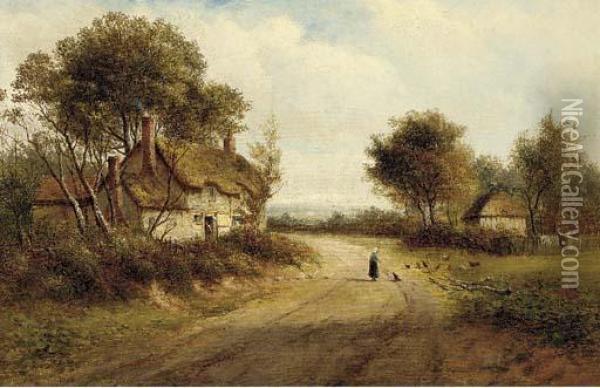Feeding The Chickens; And Figures In A Punt In A Wooded Landscape Oil Painting - Joseph Thors
