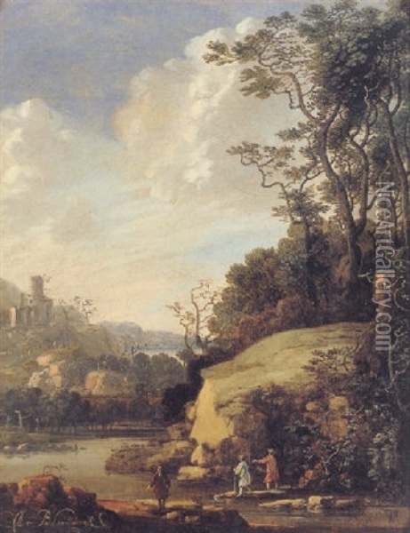 Hilly Landscape With Figures By A River, A Castle In The Distance Oil Painting - Abraham Bloemaert