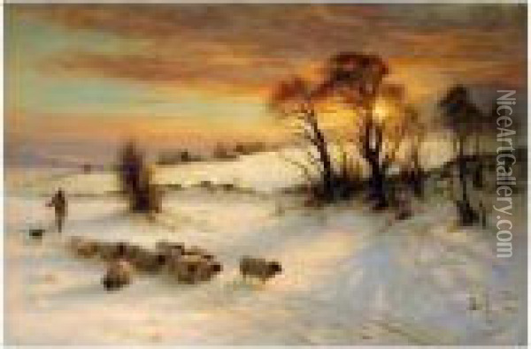 Herding Sheep In A Winter Landscape At Sunset Oil Painting - Joseph Farquharson