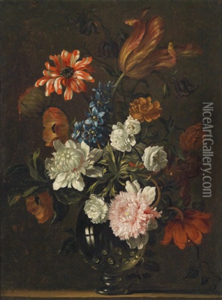 Ein Stillleben Aus Tulpen, Nelken Und Anderen Blumen In Einer Glasvase Oil Painting - Nicolas Baudesson