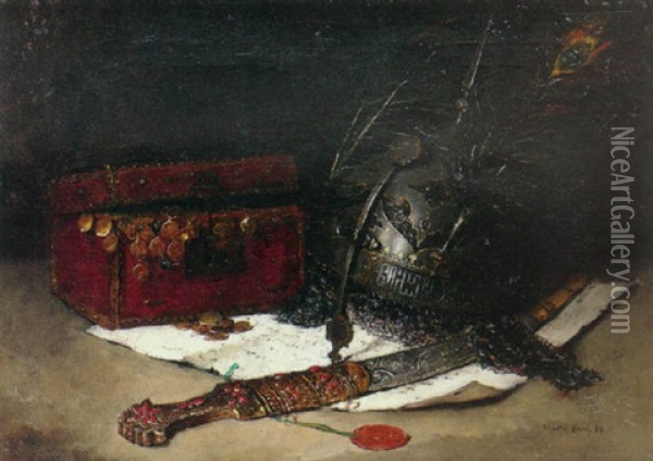 A Still Life With An Oriental Helmet, A Dagger And A Jewellery Box On A Document Oil Painting - Francois Martin-Kavel