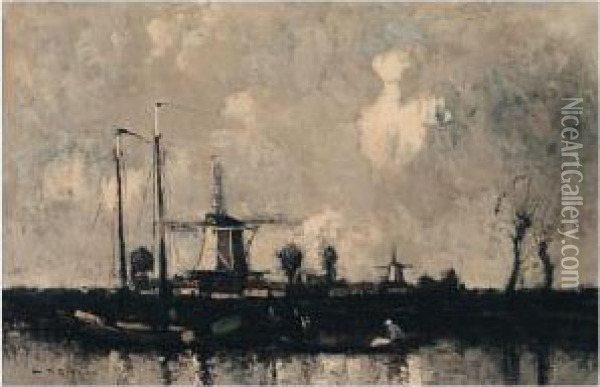 Dutch Fishing Boats With A Windmill Beyond Oil Painting - William Alfred Gibson