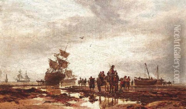 Ebbe. Fischer Bei Ihren Aufliegenden Booten An Englischer Kuste Oil Painting - Samuel Bough