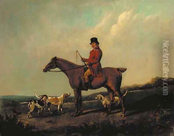 A huntsman on a bay hunter with hounds, in a landscape Oil Painting - John Snr Ferneley