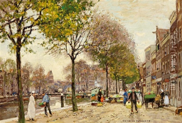 Blumenmarkt In Dordrecht Oil Painting - Heinrich Hermanns