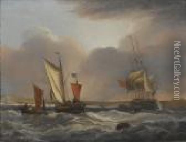 A Frigate Hove-to Offshore, With A Boat Alongside And Other Smallcraft Nearby Oil Painting - George Webster