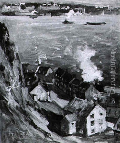 View Of A Cliffside Town Oil Painting - Jonas Lie