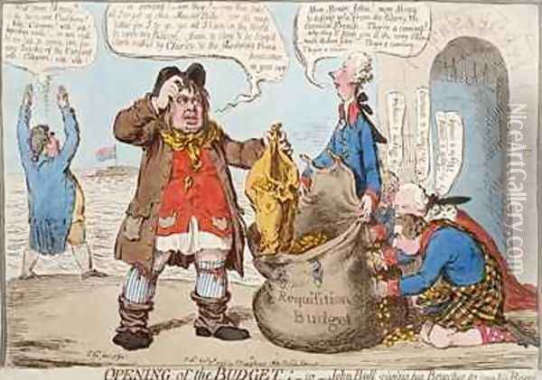 Opening of the Budget or John Bull Giving his Breeches to Save his Bacon Oil Painting - James Gillray