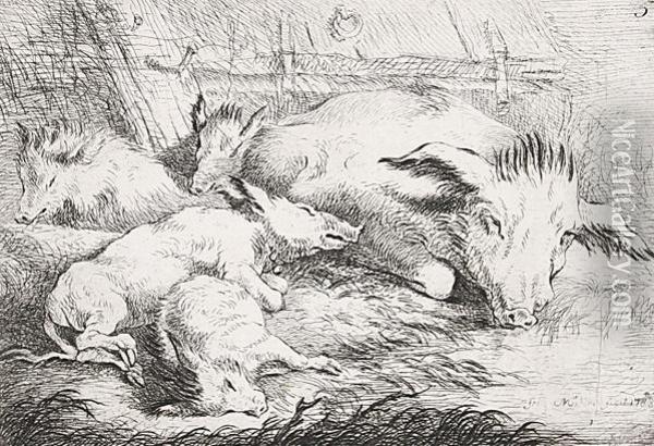 Schweine Am Weiher - Sau Mit Ferkeln An Einem Tumpel Oil Painting - Friedrich Muller