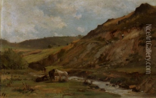 Sommerliche Weidenlandschaft Mit Pferden An Einem Bachlauf Oil Painting - Karl Girardet