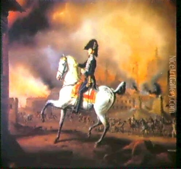 Portrait Of Count Eugenio Alari With Burning Moscow In The  Background Oil Painting - Albrecht Adam