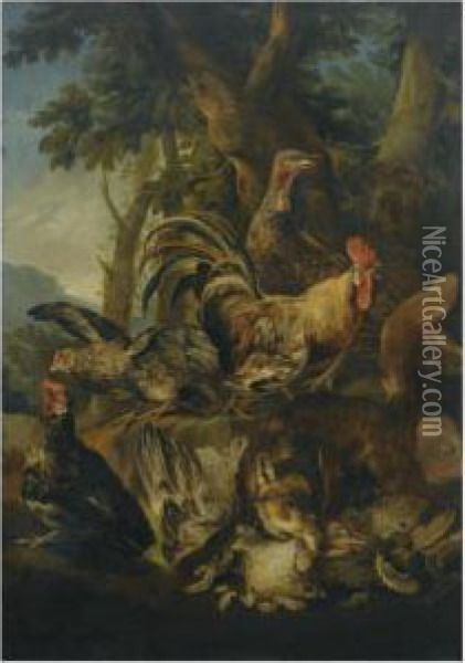 A Fox Attacking A Turkey And Chickens, In A Wooded Landscape Oil Painting - Angelo Maria Crivelli, Il Crivellone