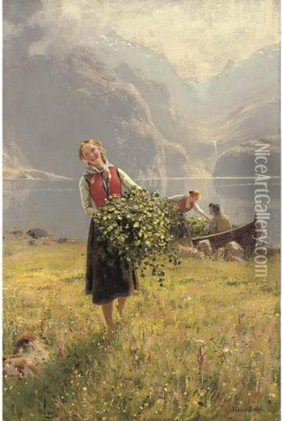 A Summerday By A Norweigan Fjord Oil Painting - Hans Dahl