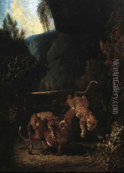 Zwei Leoparden Einen Hirsch Schlagend Oil Painting - Johann Elias Ridinger