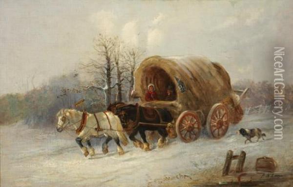 Covered Wagon Ride, Winter Oil Painting - Alexis de Leeuw