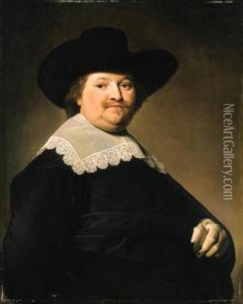 Portrait Of A Gentleman, 
Half-length, Wearing A Black Costume Witha White Lace Collar And A Black
 Hat Oil Painting - Johannes Cornelisz. Verspronck