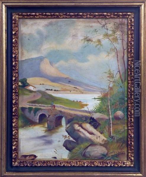 1914. Paesaggio Fluviale Con Ponte E Contadini Oil Painting - Joseph John Jenkins