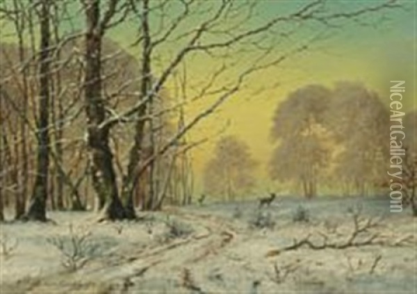 Winter Day In A Forest, Sunshine Oil Painting - Anders Andersen-Lundby
