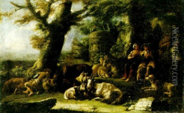 Pastoralt Landskap Med Herdar Och Getter Oil Painting - Domenico Brandi