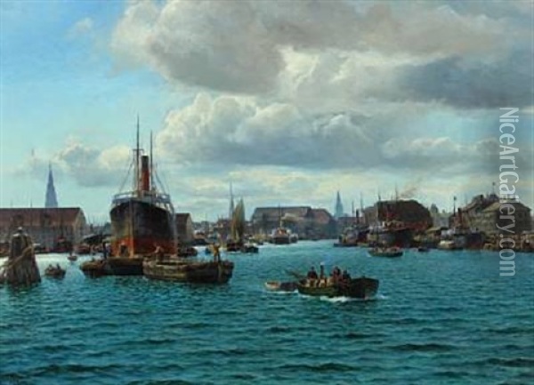 Scenery From Copenhagen Harbour With Towers In The Background Oil Painting - Holger Luebbers