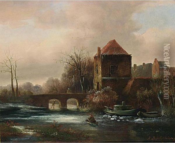 A Winter Landscape Oil Painting - Hermanus Jan Hendrik Rijkelijkhuijsen