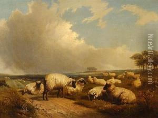 Sheep In An Extensive Landscape Oil Painting - J. Duvall