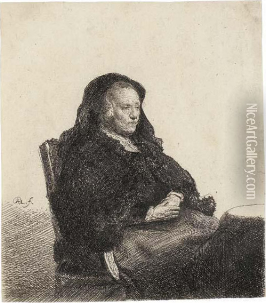 The Artist's Mother Seated At A Table, Looking Right Oil Painting - Rembrandt Van Rijn