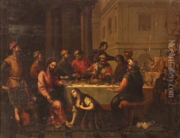 Maria Magdalena Y Cristo En La Casa De Simon, El Fariseo Oil Painting - Matias Arteaga y Alfaro