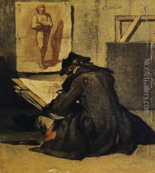 Young Draughtsman copying an Academy study Oil Painting - Jean-Baptiste-Simeon Chardin