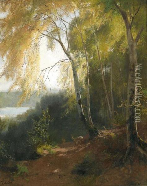 Sonnenbeschienene Waldlandschaft Mit Reh Oil Painting - Traugott Schiess