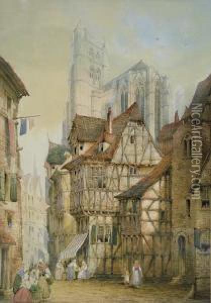 Rouen Town Scene With Figures And The Cathedral In Thedistance Oil Painting - Charles Rousse