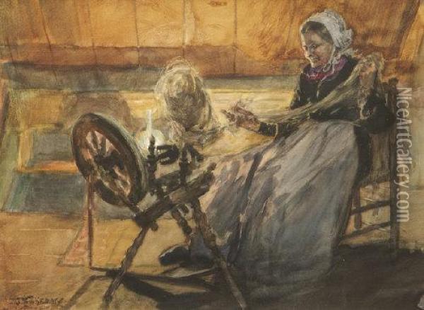 At The Spinning Wheel Oil Painting - Joseph Finnemore
