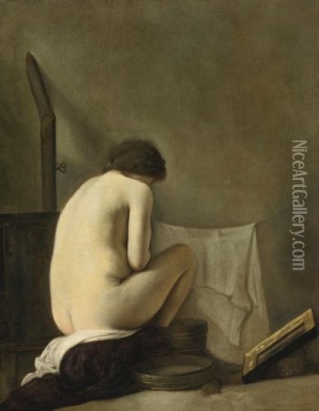 Seated Nude Bathing By A Stove Oil Painting - Paulus Bor