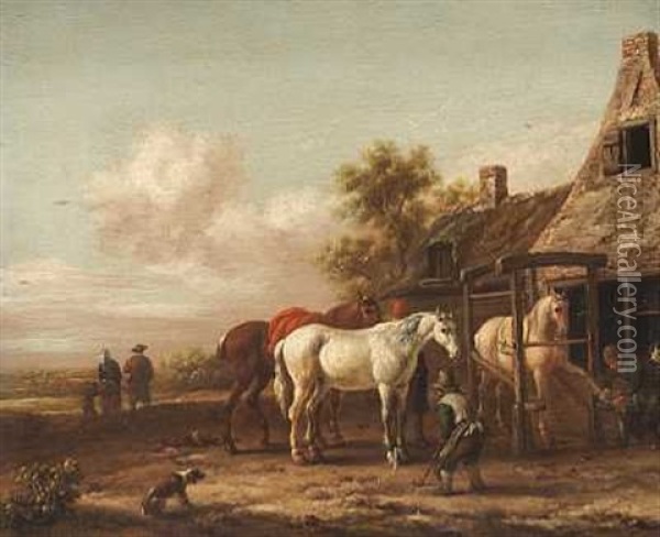 Heste Og Bonder Ved Et Hus Oil Painting - Jan Wouwerman