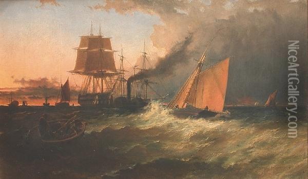 Towing In A Man O' War At Dusk Oil Painting - Edmund John Niemann, Snr.