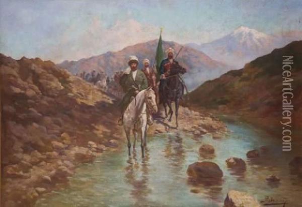 Les Cavaliers Traversant Le Ruisseau En Haute Montagne Oil Painting - Richard Karlovich Zommer