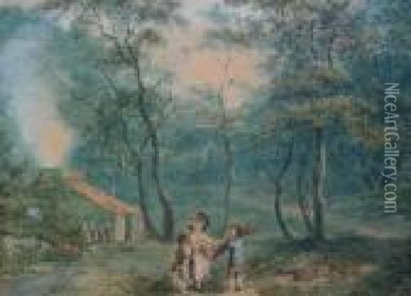 A Landscape With A Cottage And Figures Oil Painting - Nicholas Pocock