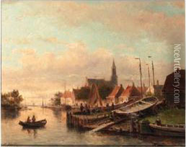 A View Of A Town With A Shipyard Along A Quay Oil Painting - Johannes Frederik Hulk, Snr.