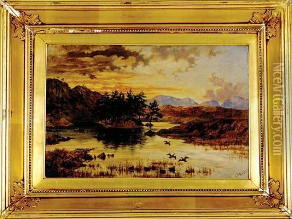 Ducks Rising In Twilight Landscape Oil Painting - Charles Paul Gruppe